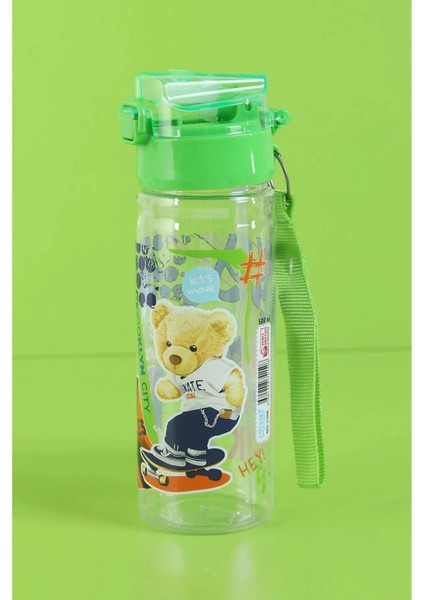 Muggle Mikro Lisanslı Yeşil Ayı Teddy Şeffaf Desenli Pipetli Erkek Matara Suluk 500ML