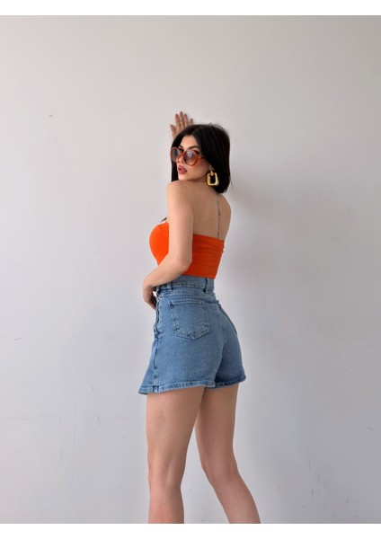 Mini Yırtmaçlı Denim Kot Şort Etek