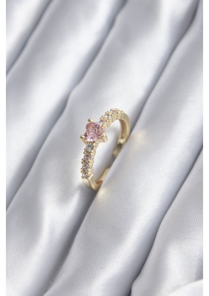 Gold Renk Zirkon Taşlı Pembe Kristal Kalp Model Kadın Yüzük
