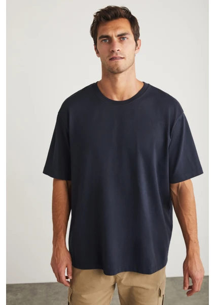 Blas Erkek Basic Oversize %100 Pamuklu Organik Pamuklu Örme Bisiklet Yaka Lacivert T-shirt