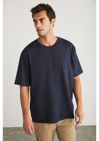 Blas Erkek Basic Oversize %100 Pamuklu Organik Pamuklu Örme Bisiklet Yaka Lacivert T-shirt