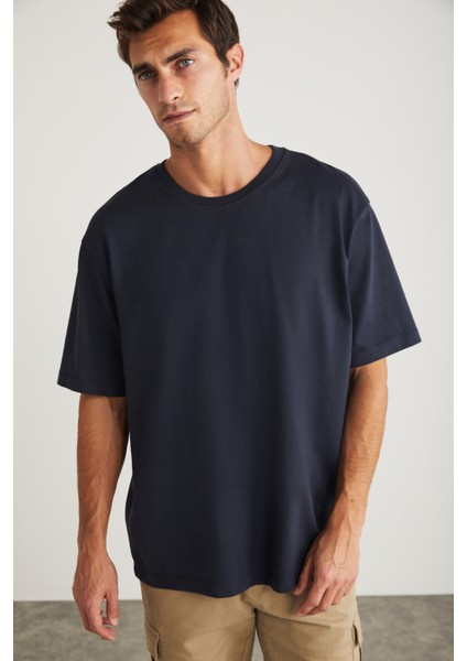 Blas Erkek Basic Oversize %100 Pamuklu Organik Pamuklu Örme Bisiklet Yaka Lacivert T-shirt