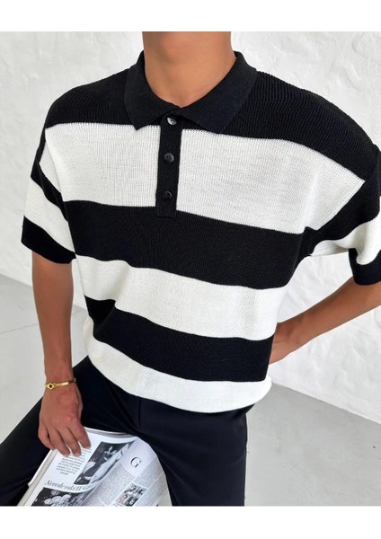 Siyah Çizgili Düğmeli Polo Yaka Oversize Triko T-Shirt