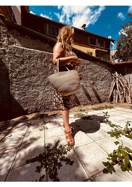 Jüt Hasır Görünümlü Plaj Çantası Jüt Kol Çantası