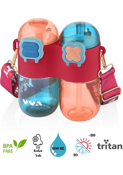 Tkk Tek Gövde Çift Hazneli Pipetli-Pipetsiz Kullanım Askı Aparatlı Çocuk Su Şişesi - 800 Ml.