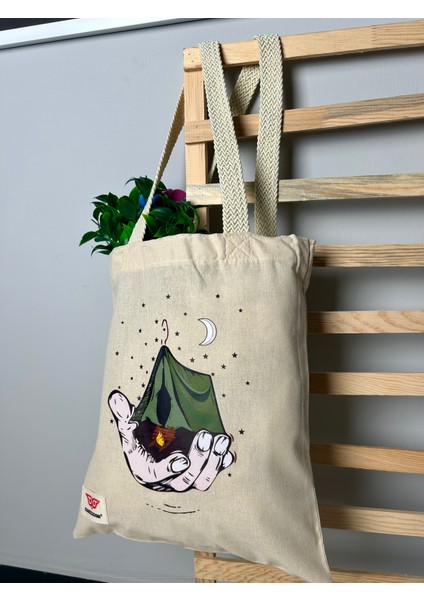 Ham Bez Çanta Tote Bag Kamp ve Gece Dokuma Saplı Kadın Omuz Çantası