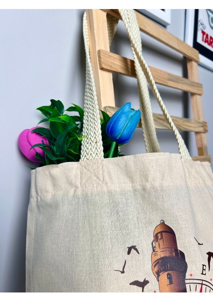 Ham Bez Çanta Tote Bag Deniz Feneri ve Yelkenli Dokuma Saplı Kadın Omuz Çantası fiyatları