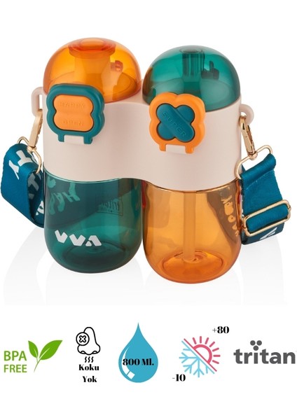 Tkk Tek Gövde Çift Hazneli Pipetli-Pipetsiz Kullanım Askı Aparatlı Çocuk Su Şişesi - 800 Ml.