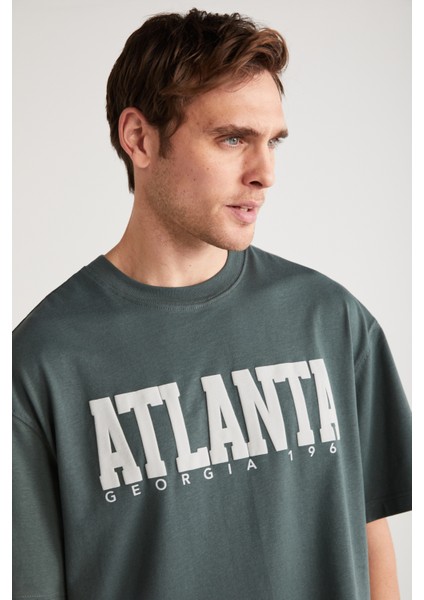 ATLANTA Erkek %100 Pamuklu Kısa Kollu Baskı Detaylı Yeşil T-Shirt