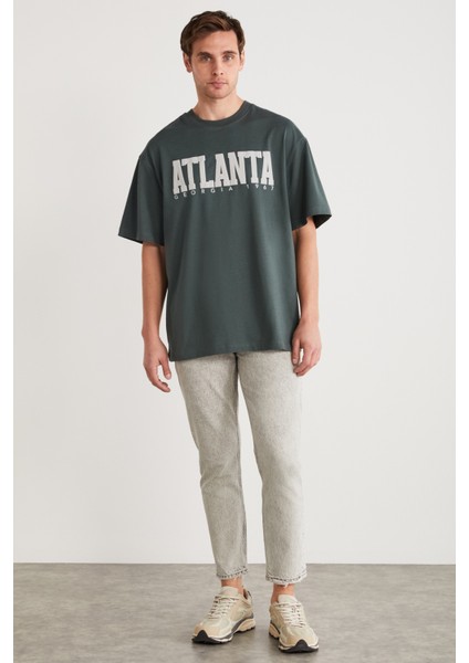 ATLANTA Erkek %100 Pamuklu Kısa Kollu Baskı Detaylı Yeşil T-Shirt