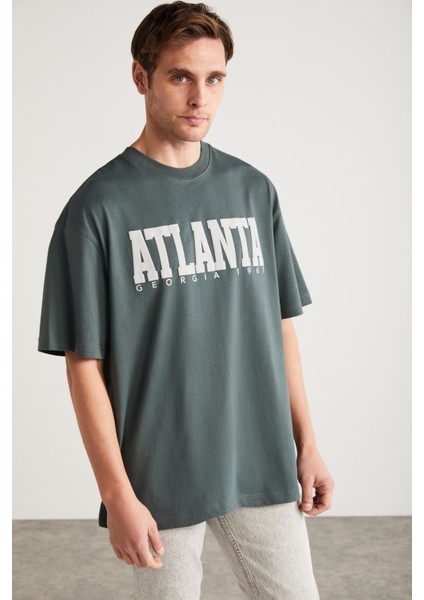 ATLANTA Erkek %100 Pamuklu Kısa Kollu Baskı Detaylı Yeşil T-Shirt