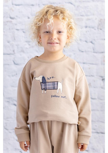 Erkek Bebek Baskı Nakış Detaylı Sweatshirt - Bej