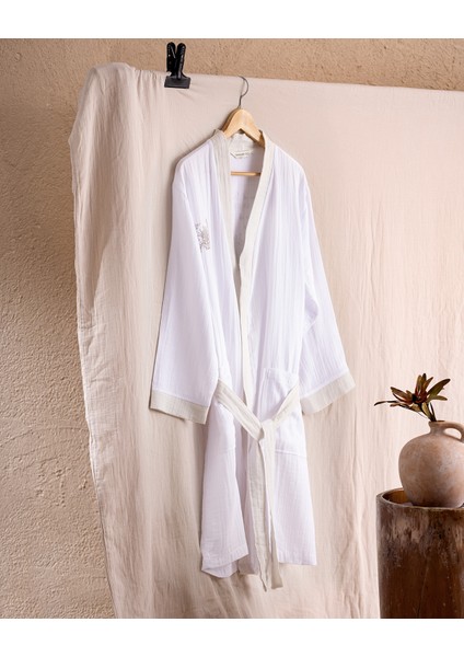 Cherina %100 Pamuk Kadın Müslin Bornoz - Beyaz/bej