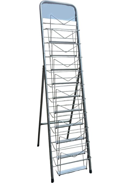 Şık ve Fonksiyonel Ayaklı Gazete Dergi Standı - 10 Cepli, Gri Metal Tasarım - Stand Sergileme modelleri