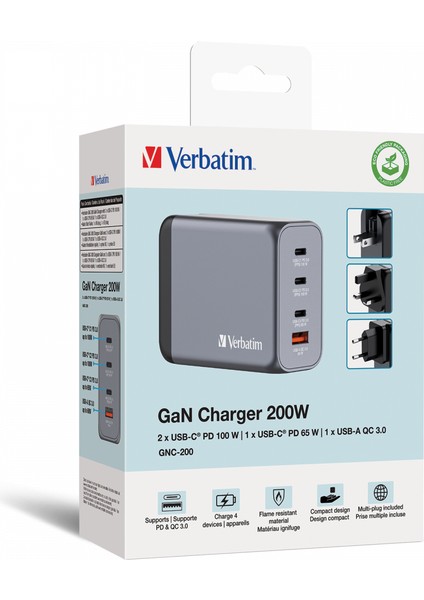 GNC-200 Gan Charger 200W 2 x Usb-C® Pd 100W / 1 x Usb-C® Pd 65W / 1 x USB Qc 3.0 (Eu/uk/us)