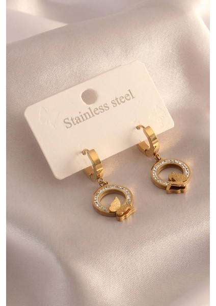 E-Bijuteri Çelik Gold Renk Halka Model Kelebek Detay Zirkon Taşlı Kadın Küpe