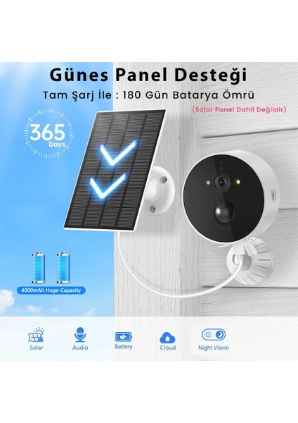 Kablosuz 1080P Şarj Edilebilir Bataryalı Wifi Kamera - Solar Panel Desteği (Solar Panel Pakete Dahil Değildir)