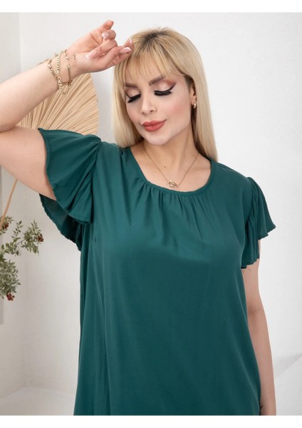 Kadın Büyük Beden Volanlı Kol Detay Dokuma Viskon Elbise