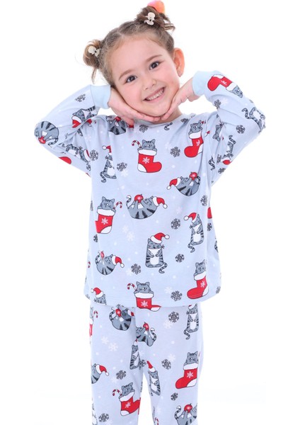 Bunny Hopp 3-8 Yaş Yılbaşı Temalı Kedi Desenli Uzun Kollu Kız Çocuk Pijama Takımı