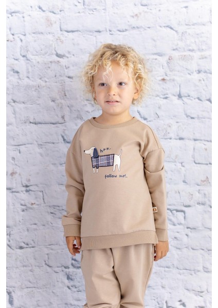 Erkek Çocuk Baskı Nakış Detaylı Sweatshirt - Bej fiyatları