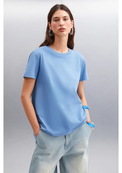 Samantha Kadın Comfort Fit %100 Organik Pamuklu Basic Örme Indigo T-shirt