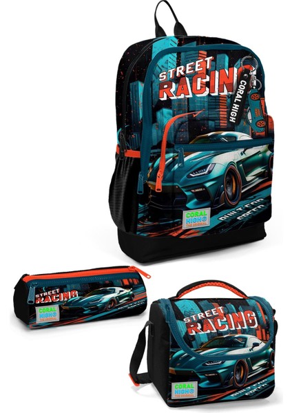 Coral Hıgh Siyah Nefti Yarış Arabası Desenli 3 Lü Okul Çantası Seti