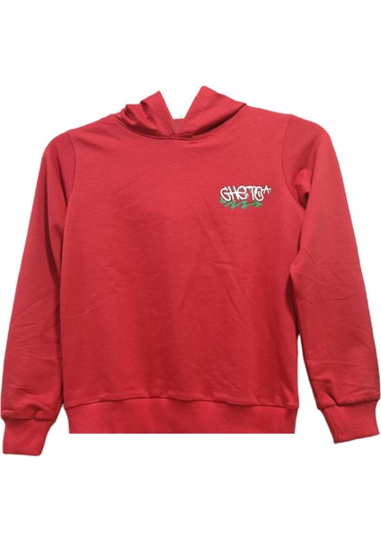 Erkek Çocuk /kız Çocuk Önü Yazı Sırtı Ayıcık Desenli Kapüşonlu Kırmızı Sweatshirt