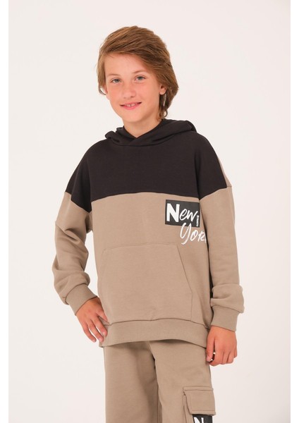 Unisex Çocuk Baskılı Kapüşonlu Sweatshirt - Açık Haki modelleri