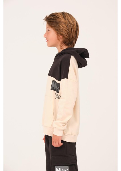 Unisex Çocuk Baskılı Kapüşonlu Sweatshirt - Krem modelleri