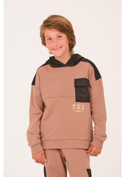 Unisex Çocuk Kapüşonlu Sweatshirt - Vizon