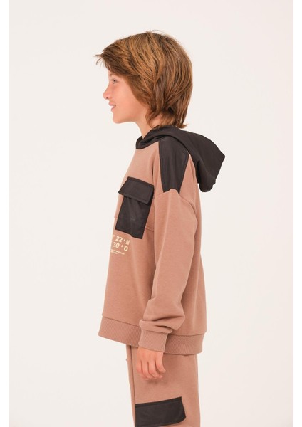 Unisex Çocuk Kapüşonlu Sweatshirt - Vizon