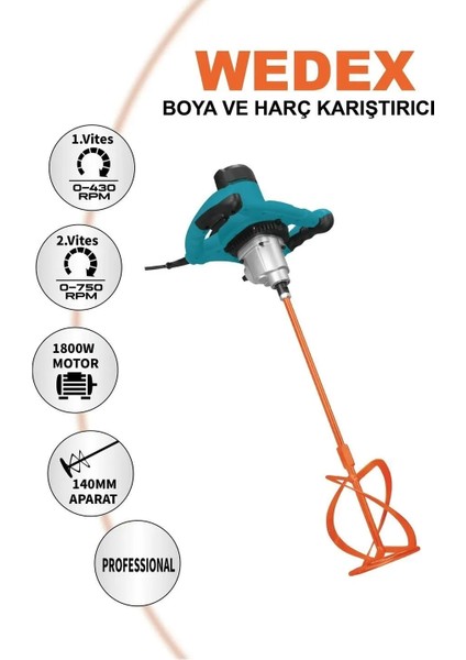 Boya ve Harç Karıştırıcı 1800W Çift Vites Devir Ayarlı