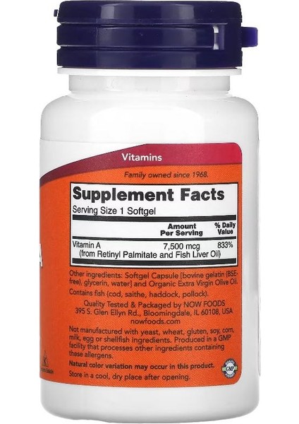 Foods Now Foods, Vitamin A, 7,500 Mcg (25,000 Iu), 100 Softgels