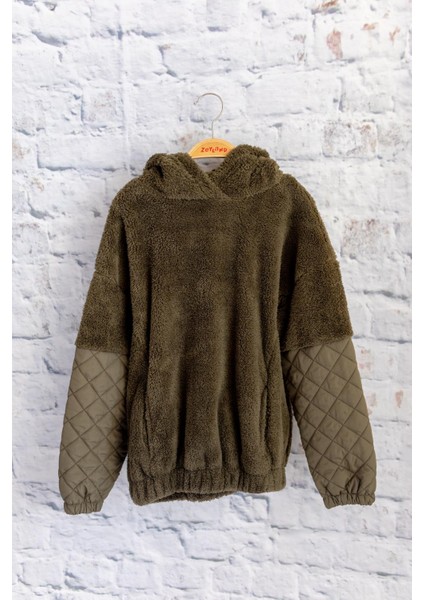 Unisex Çocuk Kapitone Detaylı Peluş Sweatshirt - Haki