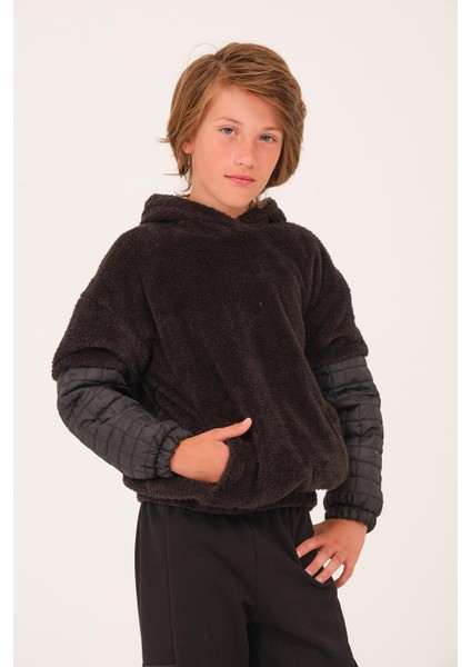 Unisex Çocuk Kapitone Detaylı Peluş Sweatshirt - Siyah