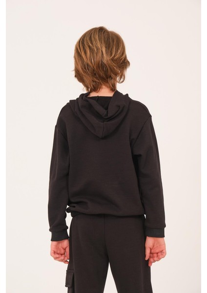 Unisex Çocuk Yazı Baskı Detaylı Kapüşonlu Sweatshirt - Siyah indirimleri