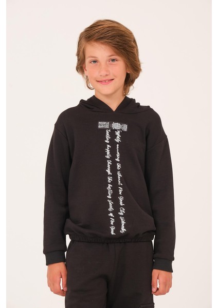 Unisex Çocuk Yazı Baskı Detaylı Kapüşonlu Sweatshirt - Siyah