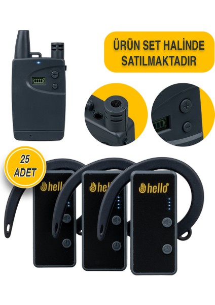 Hello Tur Rehber Sistemi Sunum Toplantı Geziler İçin Rehber Kulaklık Mikrofon Seti 100 mt