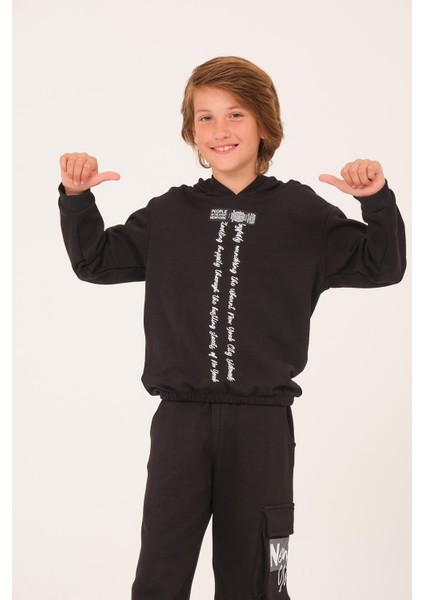 Unisex Çocuk Yazı Baskı Detaylı Kapüşonlu Sweatshirt - Siyah