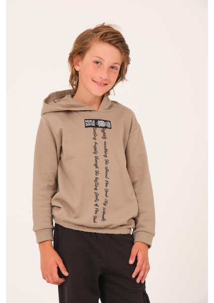 Unisex Çocuk Yazı Baskı Detaylı Kapüşonlu Sweatshirt - Açık Haki indirimleri