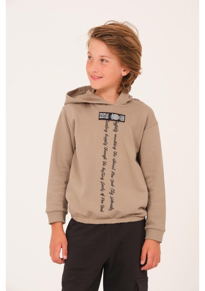 Unisex Çocuk Yazı Baskı Detaylı Kapüşonlu Sweatshirt - Açık Haki