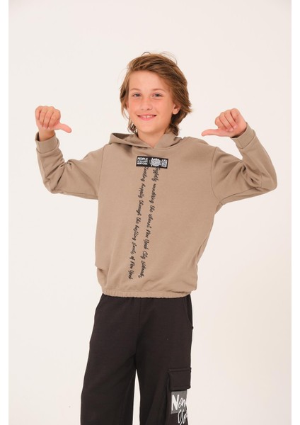 Unisex Çocuk Yazı Baskı Detaylı Kapüşonlu Sweatshirt - Açık Haki