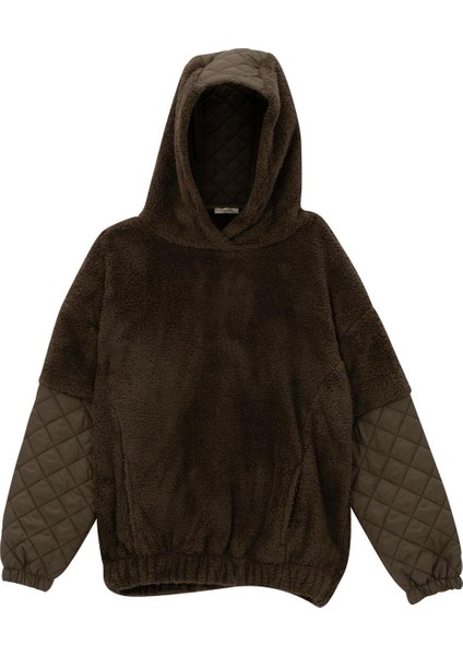 Unisex Çocuk Kapitone Detaylı Peluş Sweatshirt - Haki