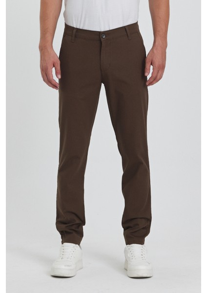 Theseason Erkek Kahverengi Gabardin Pamuklu Keten Slim Fit Yan Cep Esnek Chino Pantolon