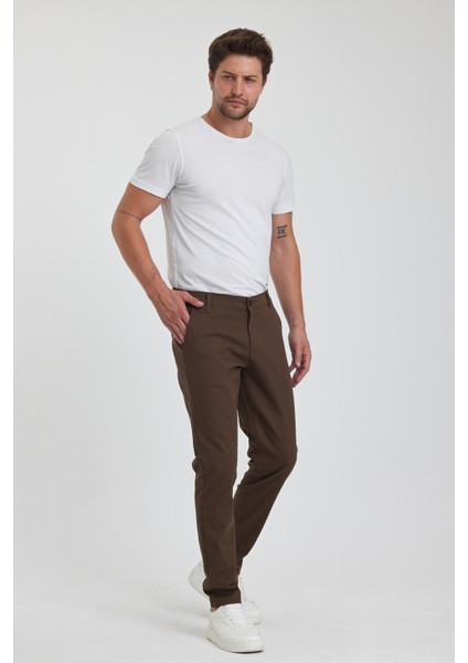 Theseason Erkek Kahverengi Gabardin Pamuklu Keten Slim Fit Yan Cep Esnek Chino Pantolon fırsatları