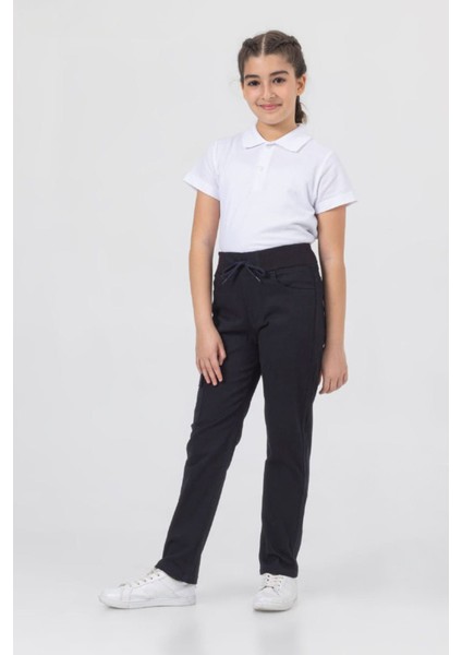 Beli Lastikli Cepli Canvas Okul Unisex Düz Paça Çocuk Pantolon - Lacivert