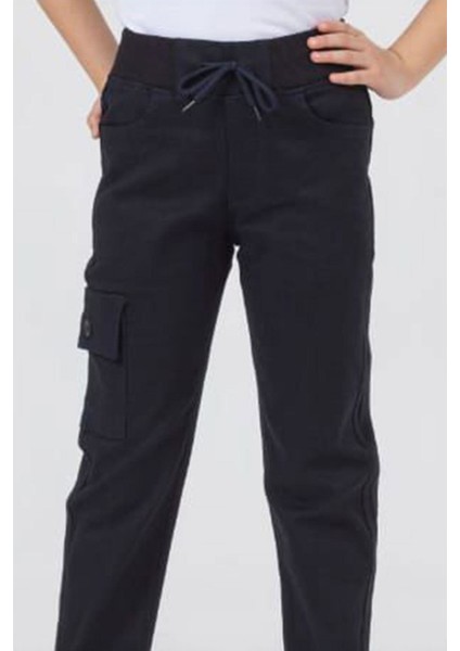 Beli Lastikli Cepli Canvas Okul Unisex Düz Paça Çocuk Pantolon - Lacivert fırsatları