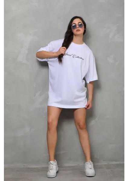 RKM Ticaret Unisex Bisiklet Yaka Baskılı Oversize T-Shirt - Beyaz