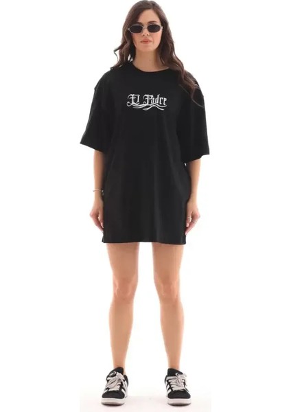 Unisex Bisiklet Yaka Baskılı Oversize T-Shirt - Siyah