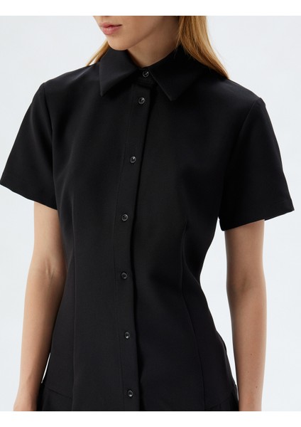 Gömlek Elbise Mini Düğmeli Pileli Kısa Kollu Slim Fit indirimleri